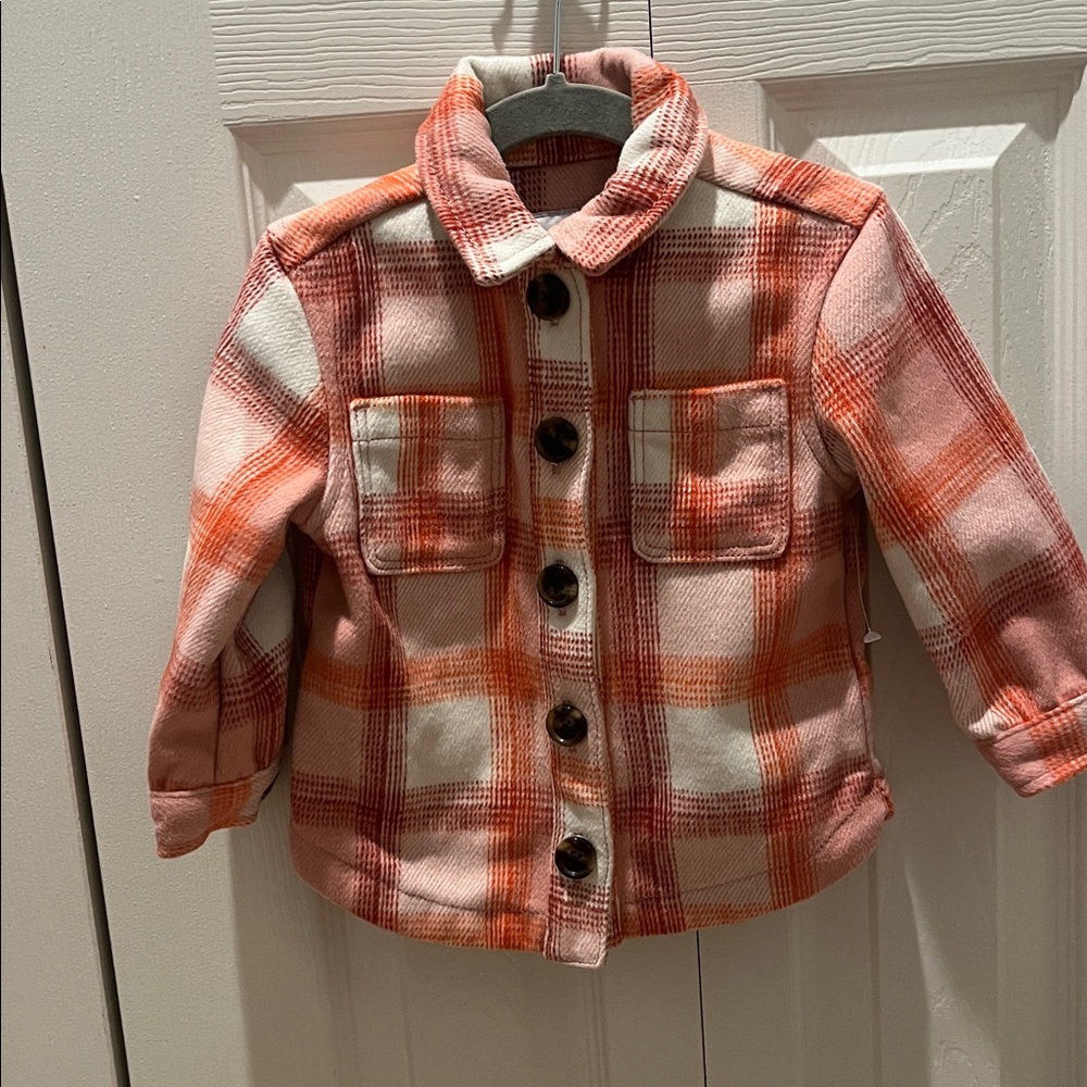 Old Navy Kids Plaid Jean Jacket - Burgundy, Coral, Pink, and White